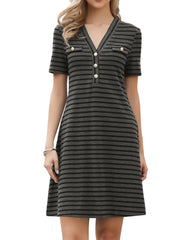Short Sleeve V Neck A-Line Striped Knit Dress