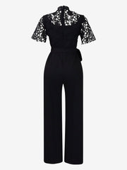 Lace Hollow Short Sleeves High Waist Straight Legs Jumpsuits