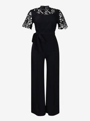 Lace Hollow Short Sleeves High Waist Straight Legs Jumpsuits