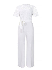 Lace Hollow Short Sleeves High Waist Straight Legs Jumpsuits