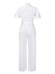 Lace Hollow Short Sleeves High Waist Straight Legs Jumpsuits