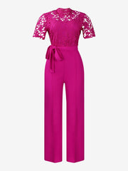 Lace Hollow Short Sleeves High Waist Straight Legs Jumpsuits