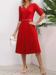 V Neck Short Sleeves Pleated Belted A-Line Midi Dress