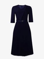 V Neck Short Sleeves Pleated Belted A-Line Midi Dress