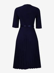 V Neck Short Sleeves Pleated Belted A-Line Midi Dress