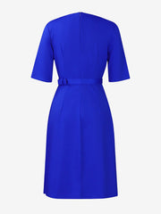 Round Neck Mid Sleeve Pleated Belted A-Line Dress