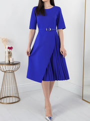 Round Neck Mid Sleeve Pleated Belted A-Line Dress