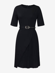 Round Neck Mid Sleeve Pleated Belted A-Line Dress