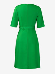 Round Neck Mid Sleeve Pleated Belted A-Line Dress
