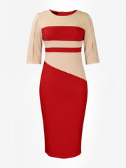 Colorblock Round Neck 3/4 Sleeves Sheath Dress