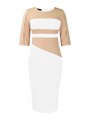 Colorblock Round Neck 3/4 Sleeves Sheath Dress
