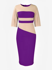 Colorblock Round Neck 3/4 Sleeves Sheath Dress