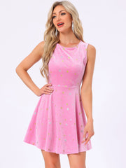 Shiny Stars Print Sleeveless Swing Mini Velvet Dress