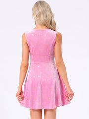 Shiny Stars Print Sleeveless Swing Mini Velvet Dress