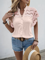 Eyelet Swiss Dots Short Sleeves Button Down Blouse
