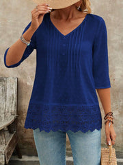 Swiss Dots Lace V Neck 3/4 Sleeves Pleated Blouse