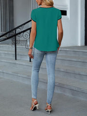 Colorblocked Notch Neck Petal Short Sleeves Top