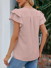V Neck Chiffon Ruffled Short Sleeve Blouse