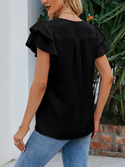 V Neck Chiffon Ruffled Short Sleeve Blouse