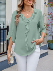 Chiffon 3/4 Sleeve V Neck Ruffle Loose Fit Blouse