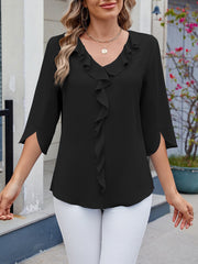 Chiffon 3/4 Sleeve V Neck Ruffle Loose Fit Blouse