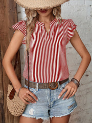 Striped Notch Neck Ruffled Cap Sleeves Blouse