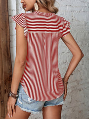 Striped Notch Neck Ruffled Cap Sleeves Blouse