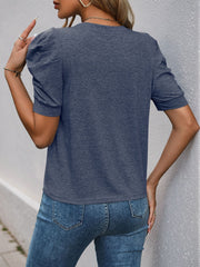 Solid Color Round Neck Ruched Puff Sleeve Blouse