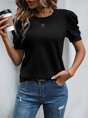 Solid Color Round Neck Ruched Puff Sleeve Blouse