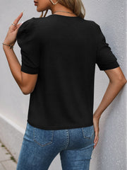 Solid Color Round Neck Ruched Puff Sleeve Blouse