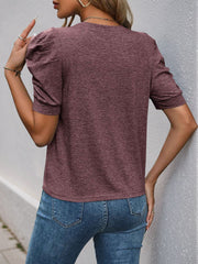 Solid Color Round Neck Ruched Puff Sleeve Blouse
