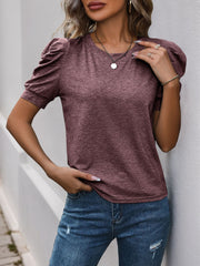 Solid Color Round Neck Ruched Puff Sleeve Blouse