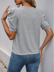 Solid Color Round Neck Ruched Puff Sleeve Blouse