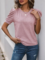 Solid Color Round Neck Ruched Puff Sleeve Blouse