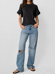 Solid Color Round Neck Ruffled Sleeve Blouse