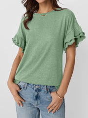 Solid Color Round Neck Ruffled Sleeve Blouse