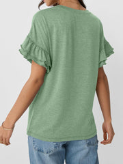 Solid Color Round Neck Ruffled Sleeve Blouse