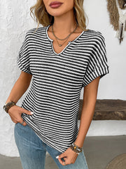 Striped Notch Neck Short Sleeves Casual Blouse