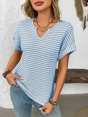 Striped Notch Neck Short Sleeves Casual Blouse
