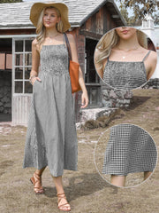 Gingham Spaghetti Strap Pockets Smocked A-Line Dress Sundress