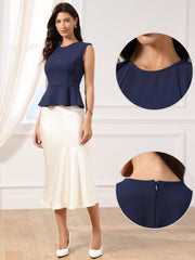 Sleeveless Crew Neck Flared Hem Work Office Peplum Blouse