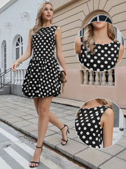 Polka Dot Sleeveless Crew Neck Mini Puff Dress