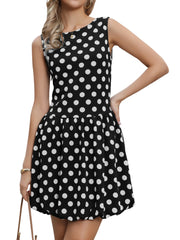 Polka Dot Sleeveless Crew Neck Mini Puff Dress