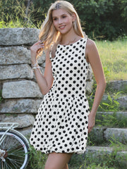 Polka Dot Sleeveless Crew Neck Mini Puff Dress