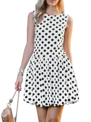 Polka Dot Sleeveless Crew Neck Mini Puff Dress