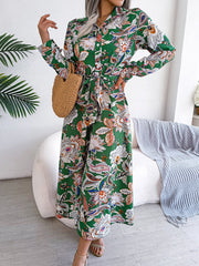 Lapel Boho Paisley Long Sleeves Tie Waist Midi Dress