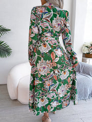 Lapel Boho Paisley Long Sleeves Tie Waist Midi Dress