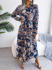 Lapel Boho Paisley Long Sleeves Tie Waist Midi Dress