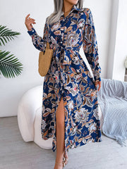 Lapel Boho Paisley Long Sleeves Tie Waist Midi Dress