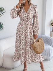 Floral Ruffle Long Sleeves Smocked Waist Midi Dress